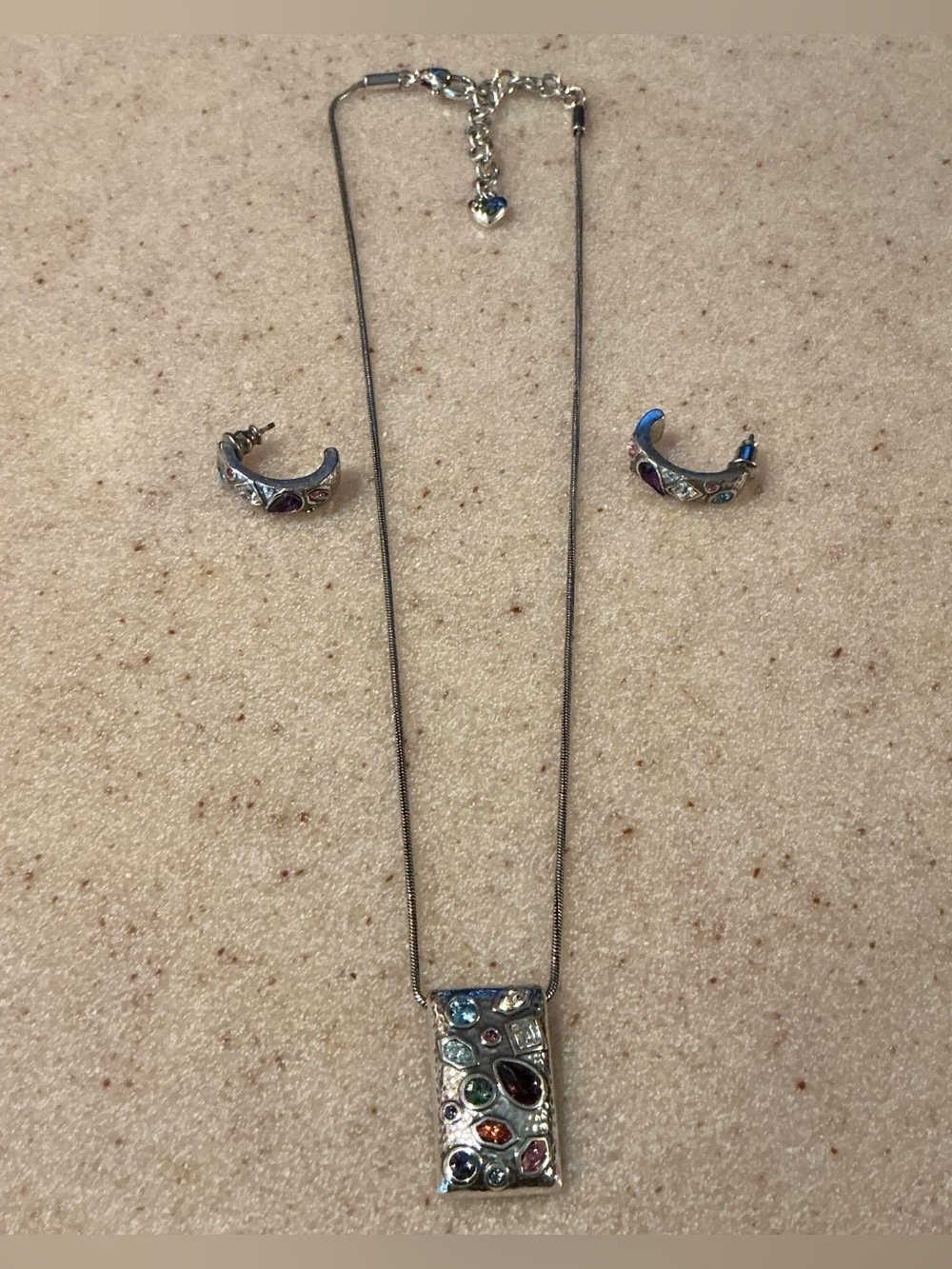 Brighton Multicolor Rhinestone  Rectangle Pendant Necklace with Matching Earring